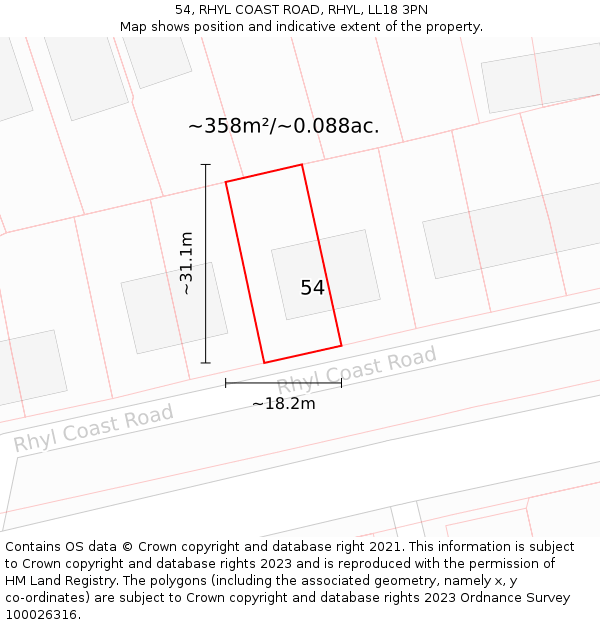 54, RHYL COAST ROAD, RHYL, LL18 3PN: Plot and title map