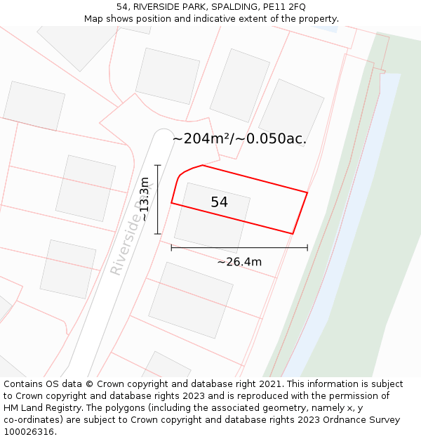 54, RIVERSIDE PARK, SPALDING, PE11 2FQ: Plot and title map