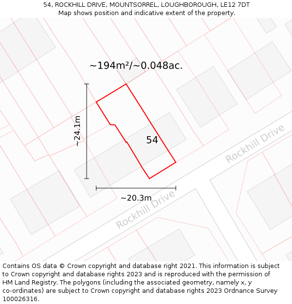 54, ROCKHILL DRIVE, MOUNTSORREL, LOUGHBOROUGH, LE12 7DT: Plot and title map