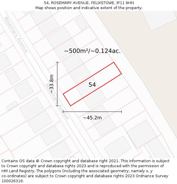 54, ROSEMARY AVENUE, FELIXSTOWE, IP11 9HN: Plot and title map