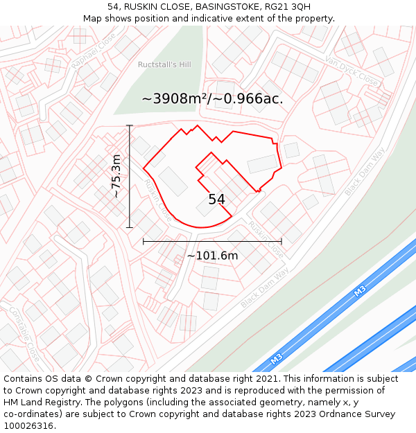 54, RUSKIN CLOSE, BASINGSTOKE, RG21 3QH: Plot and title map