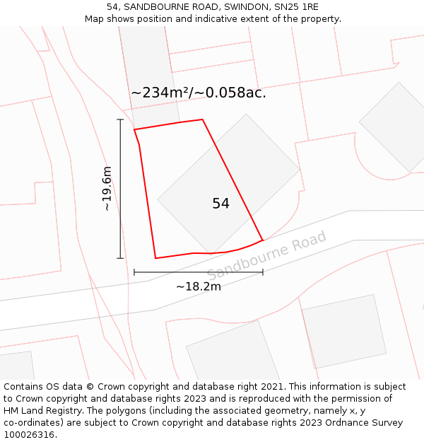 54, SANDBOURNE ROAD, SWINDON, SN25 1RE: Plot and title map