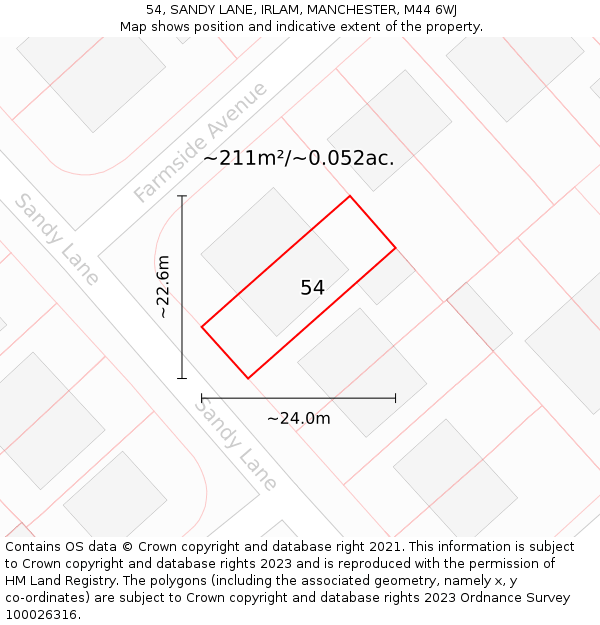 54, SANDY LANE, IRLAM, MANCHESTER, M44 6WJ: Plot and title map