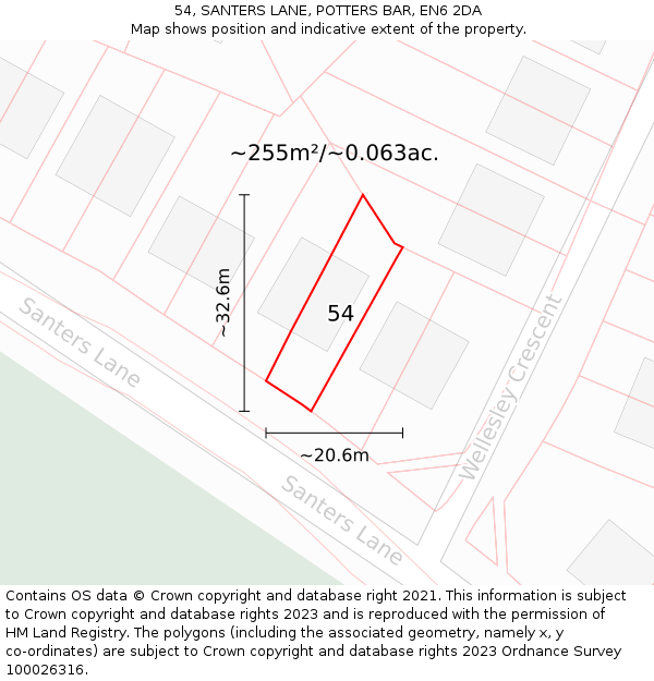 54, SANTERS LANE, POTTERS BAR, EN6 2DA: Plot and title map