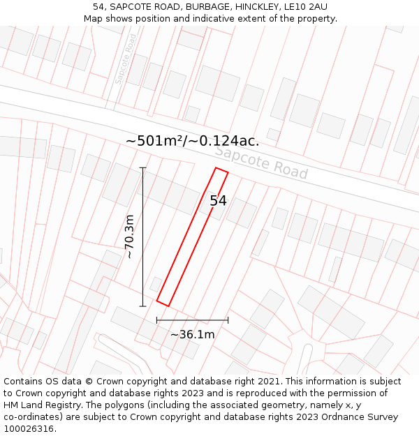 54, SAPCOTE ROAD, BURBAGE, HINCKLEY, LE10 2AU: Plot and title map