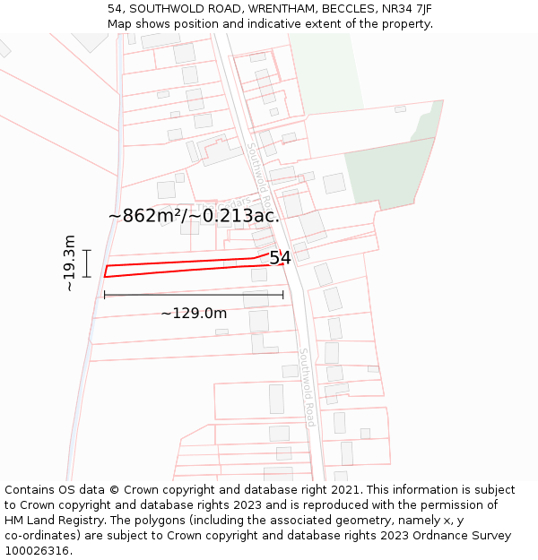 54, SOUTHWOLD ROAD, WRENTHAM, BECCLES, NR34 7JF: Plot and title map