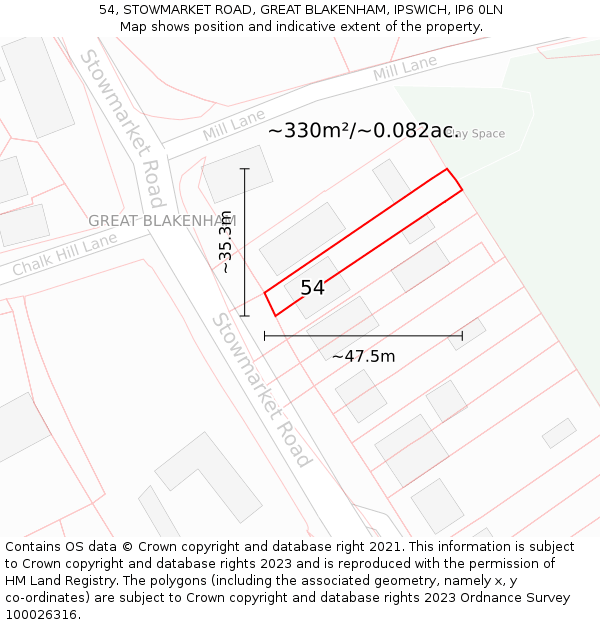 54, STOWMARKET ROAD, GREAT BLAKENHAM, IPSWICH, IP6 0LN: Plot and title map