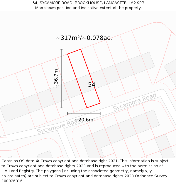 54, SYCAMORE ROAD, BROOKHOUSE, LANCASTER, LA2 9PB: Plot and title map