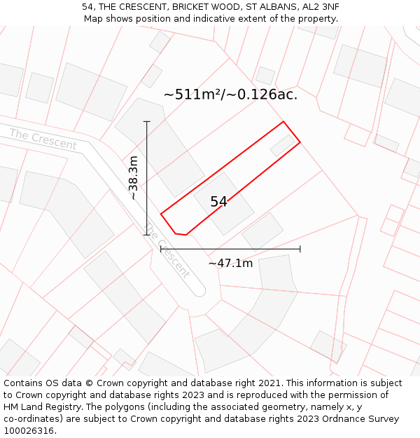 54, THE CRESCENT, BRICKET WOOD, ST ALBANS, AL2 3NF: Plot and title map