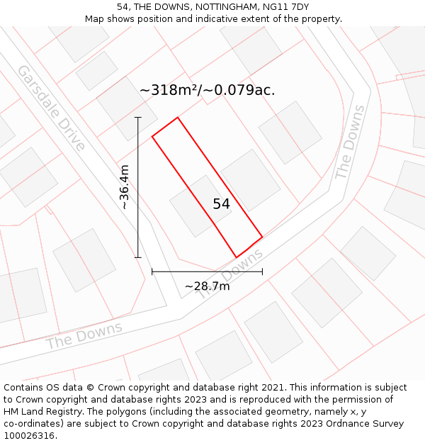 54, THE DOWNS, NOTTINGHAM, NG11 7DY: Plot and title map