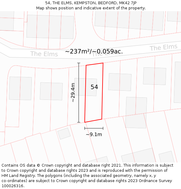 54, THE ELMS, KEMPSTON, BEDFORD, MK42 7JP: Plot and title map