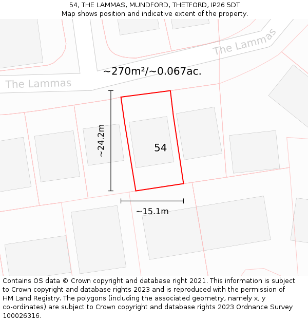 54, THE LAMMAS, MUNDFORD, THETFORD, IP26 5DT: Plot and title map