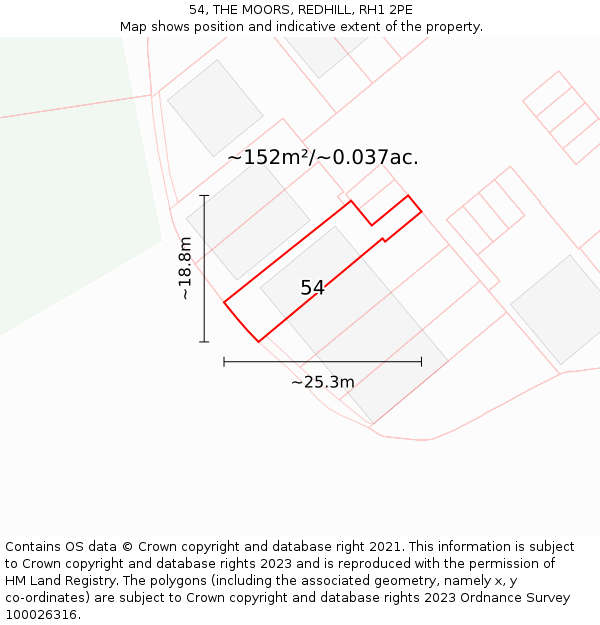 54, THE MOORS, REDHILL, RH1 2PE: Plot and title map