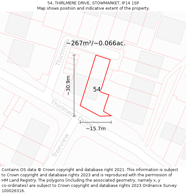 54, THIRLMERE DRIVE, STOWMARKET, IP14 1SP: Plot and title map