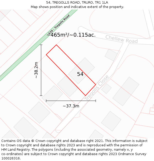 54, TREGOLLS ROAD, TRURO, TR1 1LA: Plot and title map