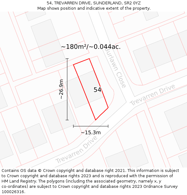 54, TREVARREN DRIVE, SUNDERLAND, SR2 0YZ: Plot and title map