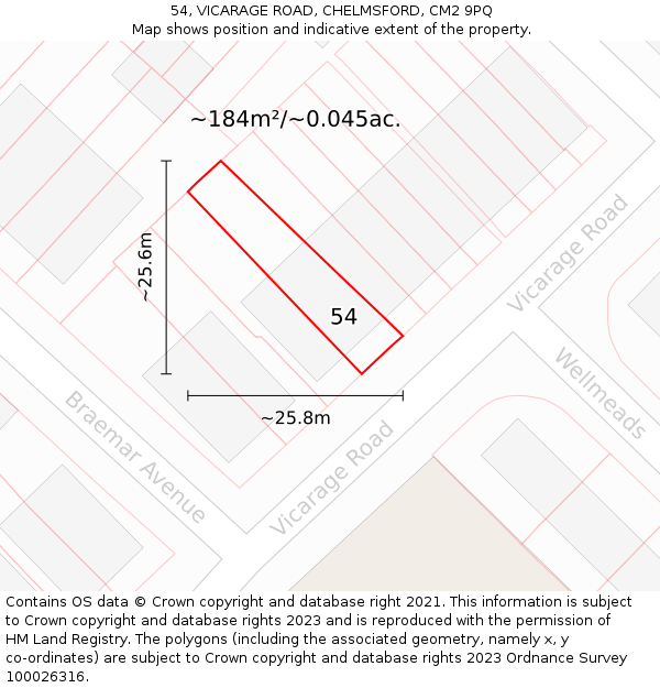 54, VICARAGE ROAD, CHELMSFORD, CM2 9PQ: Plot and title map