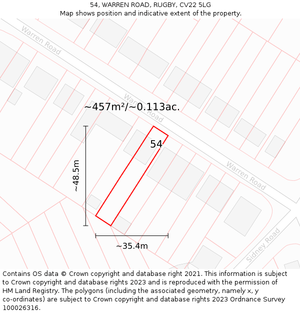 54, WARREN ROAD, RUGBY, CV22 5LG: Plot and title map