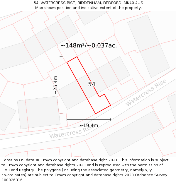 54, WATERCRESS RISE, BIDDENHAM, BEDFORD, MK40 4US: Plot and title map