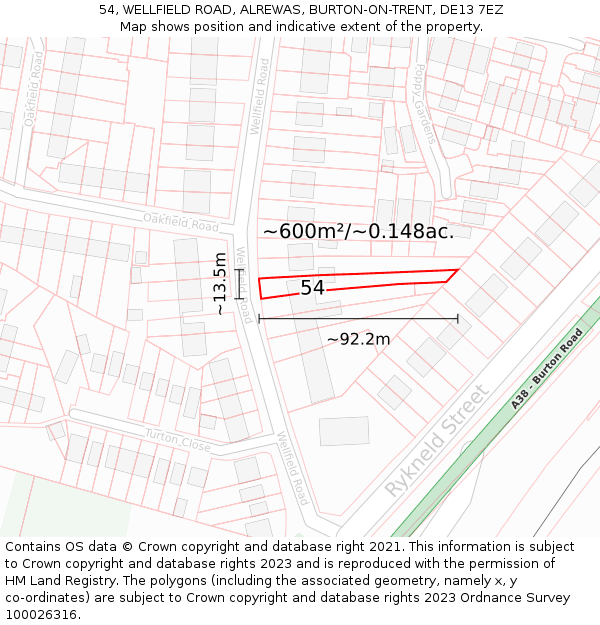 54, WELLFIELD ROAD, ALREWAS, BURTON-ON-TRENT, DE13 7EZ: Plot and title map