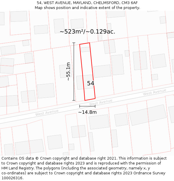 54, WEST AVENUE, MAYLAND, CHELMSFORD, CM3 6AF: Plot and title map