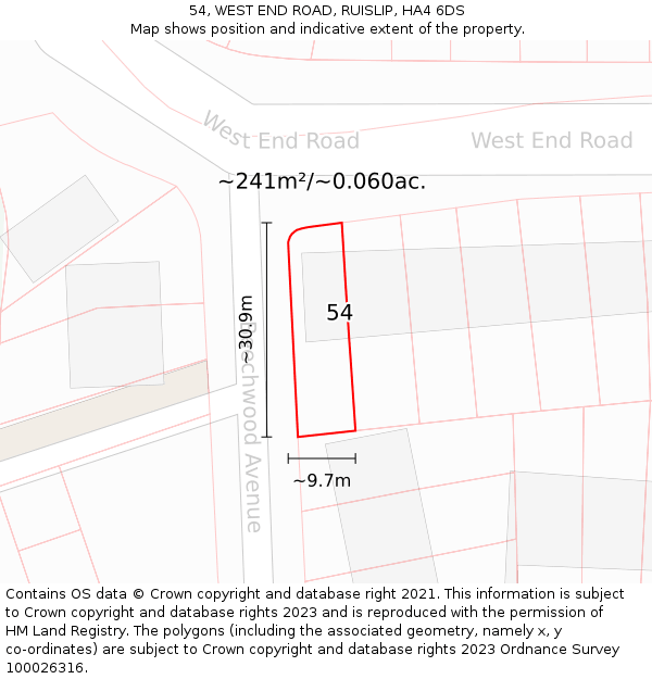 54, WEST END ROAD, RUISLIP, HA4 6DS: Plot and title map