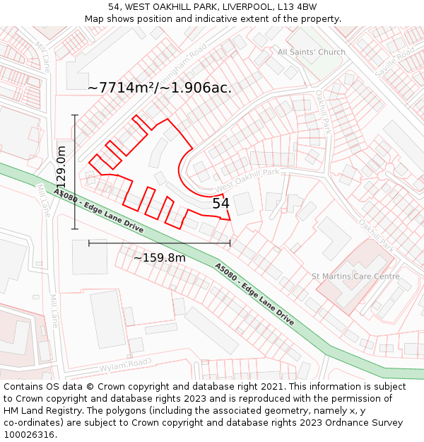 54, WEST OAKHILL PARK, LIVERPOOL, L13 4BW: Plot and title map