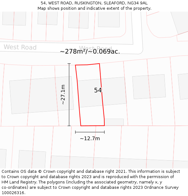 54, WEST ROAD, RUSKINGTON, SLEAFORD, NG34 9AL: Plot and title map