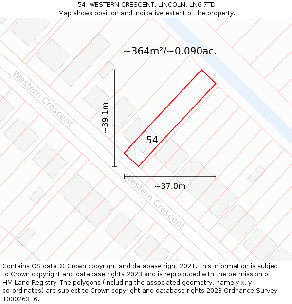 54, WESTERN CRESCENT, LINCOLN, LN6 7TD: Plot and title map