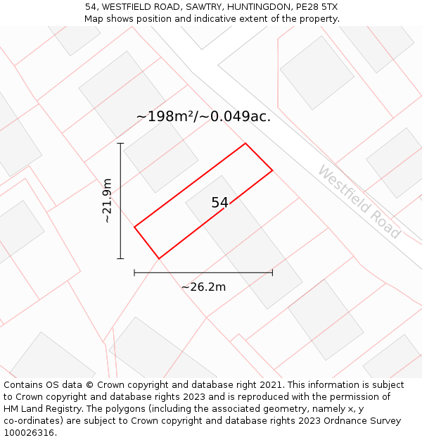 54, WESTFIELD ROAD, SAWTRY, HUNTINGDON, PE28 5TX: Plot and title map