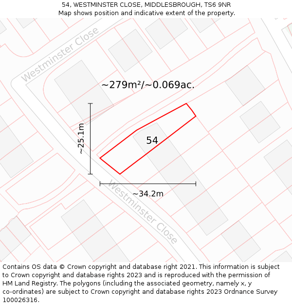 54, WESTMINSTER CLOSE, MIDDLESBROUGH, TS6 9NR: Plot and title map