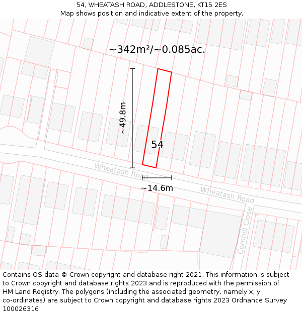 54, WHEATASH ROAD, ADDLESTONE, KT15 2ES: Plot and title map