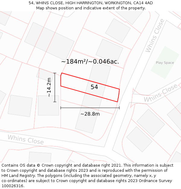 54, WHINS CLOSE, HIGH HARRINGTON, WORKINGTON, CA14 4AD: Plot and title map