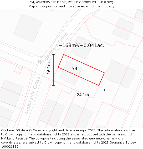 54, WINDERMERE DRIVE, WELLINGBOROUGH, NN8 3XQ: Plot and title map