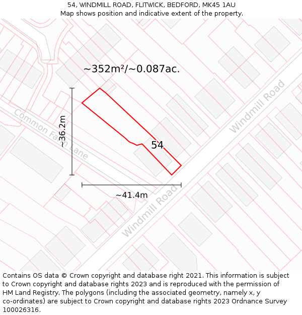 54, WINDMILL ROAD, FLITWICK, BEDFORD, MK45 1AU: Plot and title map