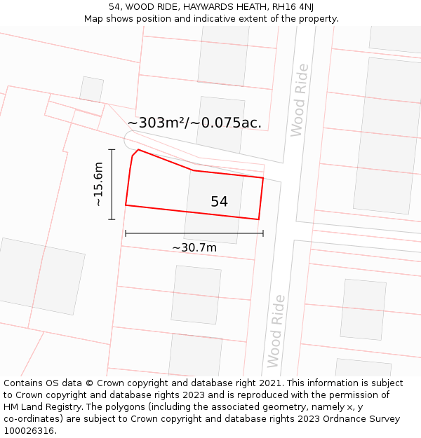 54, WOOD RIDE, HAYWARDS HEATH, RH16 4NJ: Plot and title map