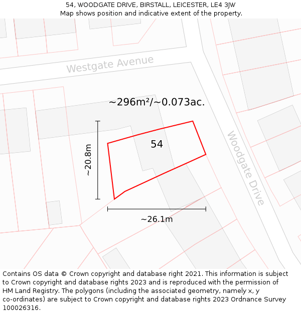 54, WOODGATE DRIVE, BIRSTALL, LEICESTER, LE4 3JW: Plot and title map