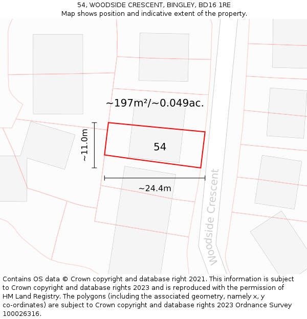 54, WOODSIDE CRESCENT, BINGLEY, BD16 1RE: Plot and title map