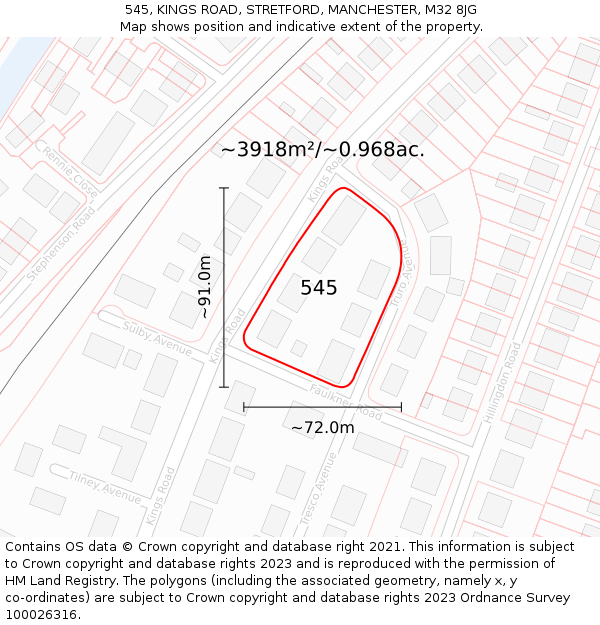 545, KINGS ROAD, STRETFORD, MANCHESTER, M32 8JG: Plot and title map