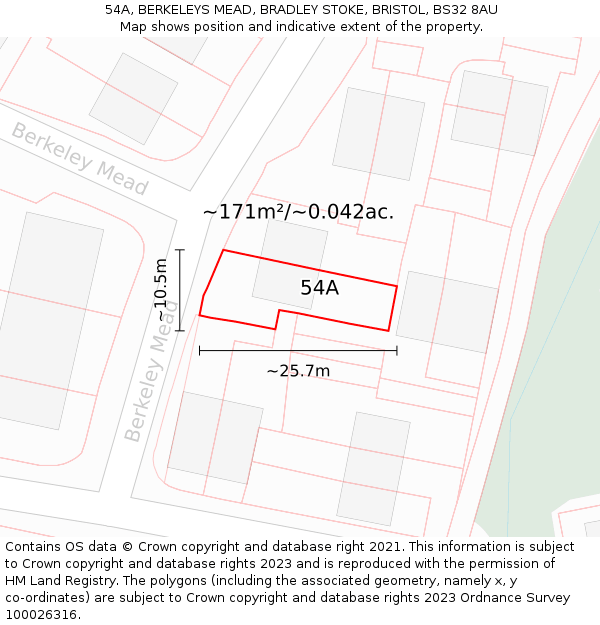 54A, BERKELEYS MEAD, BRADLEY STOKE, BRISTOL, BS32 8AU: Plot and title map