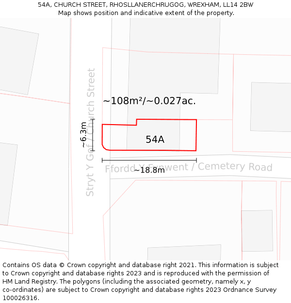 54A, CHURCH STREET, RHOSLLANERCHRUGOG, WREXHAM, LL14 2BW: Plot and title map