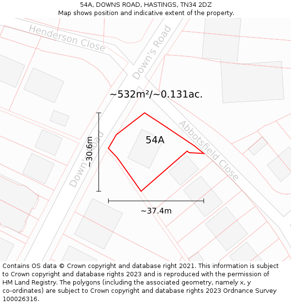 54A, DOWNS ROAD, HASTINGS, TN34 2DZ: Plot and title map