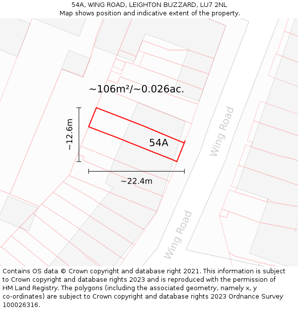 54A, WING ROAD, LEIGHTON BUZZARD, LU7 2NL: Plot and title map