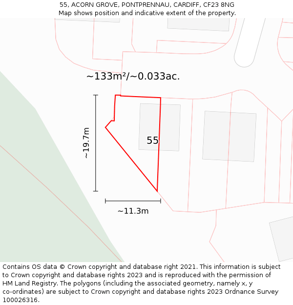 55, ACORN GROVE, PONTPRENNAU, CARDIFF, CF23 8NG: Plot and title map