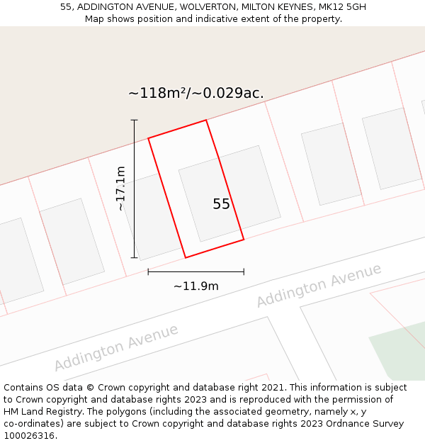 55, ADDINGTON AVENUE, WOLVERTON, MILTON KEYNES, MK12 5GH: Plot and title map