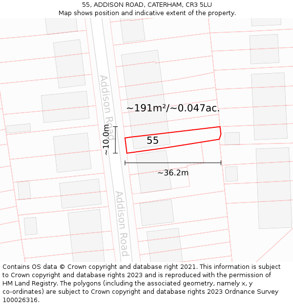 55, ADDISON ROAD, CATERHAM, CR3 5LU: Plot and title map