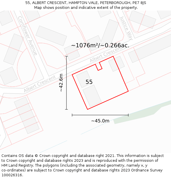 55, ALBERT CRESCENT, HAMPTON VALE, PETERBOROUGH, PE7 8JS: Plot and title map