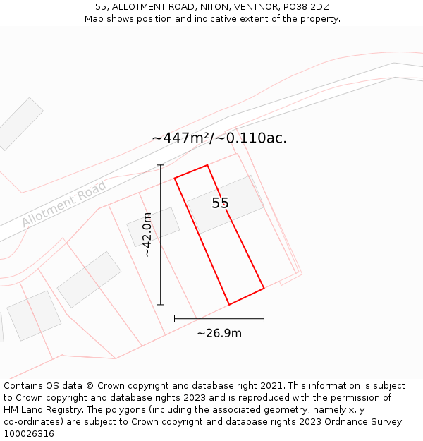 55, ALLOTMENT ROAD, NITON, VENTNOR, PO38 2DZ: Plot and title map