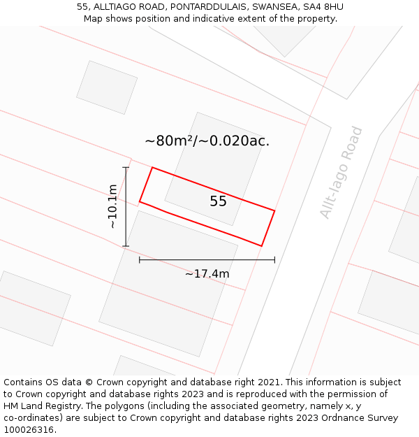 55, ALLTIAGO ROAD, PONTARDDULAIS, SWANSEA, SA4 8HU: Plot and title map