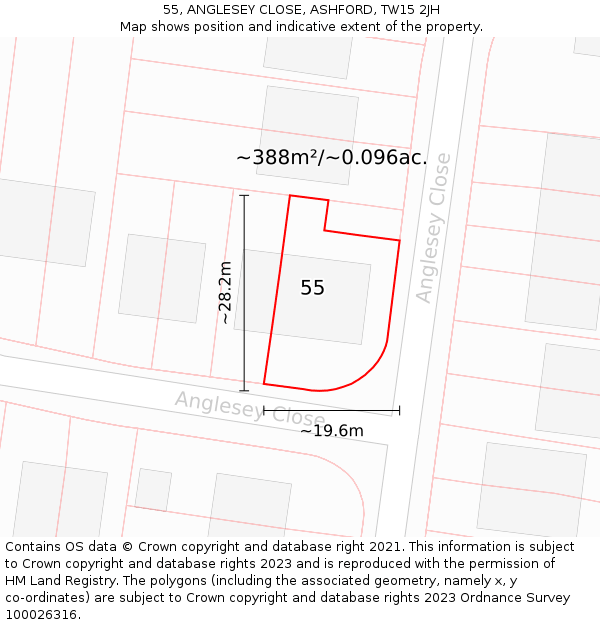 55, ANGLESEY CLOSE, ASHFORD, TW15 2JH: Plot and title map